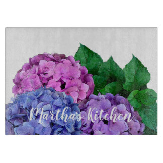 Blue and Pink Hydrangea Flowers Personalized Cutting Board
