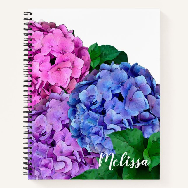 Blue and Pink Hydrangea Flowers Personalized   Notebook (Front)