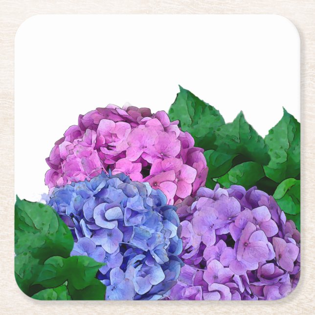 Blue and Pink Hydrangea Flowers  Square Paper Coaster (Front)