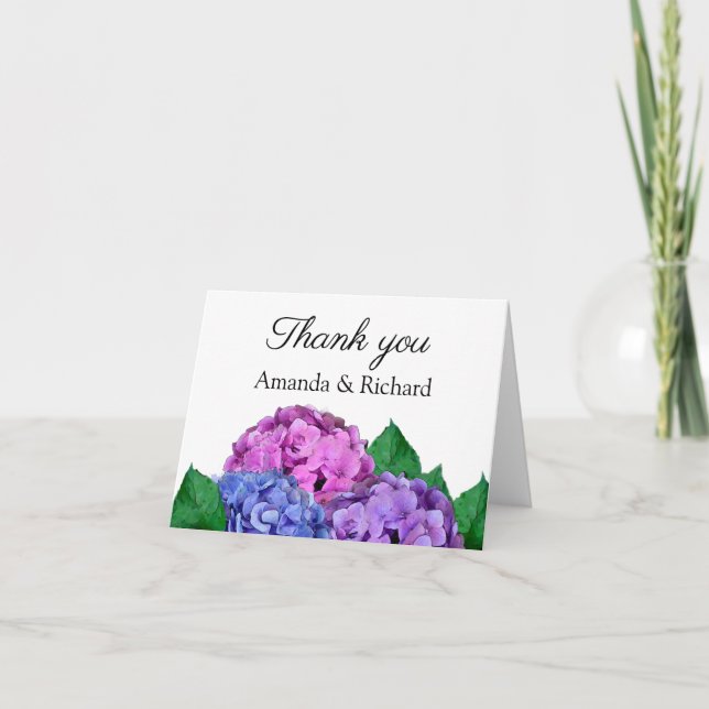 Blue And Pink Hydrangea Flowers Wedding Thank You Card (Front)