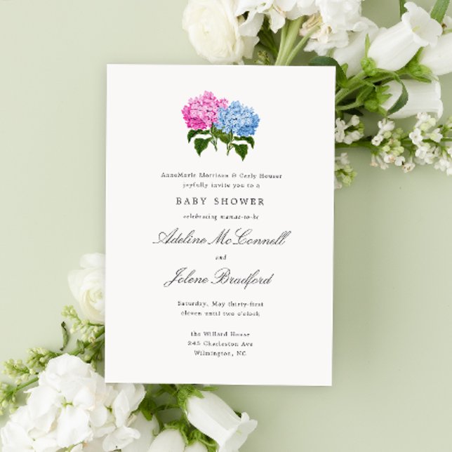 Blue and Pink Hydrangea Grand-millennial Double Invitation (Pink and blue two mothers double baby shower invitation with hydrangea flowers and traditional style)