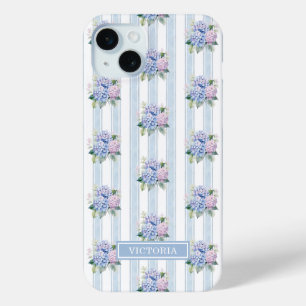Blue and Pink Hydrangeas Monogrammed iPhone 15 Mini Case