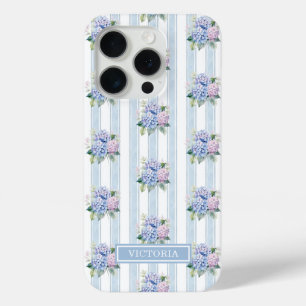 Blue and Pink Hydrangeas Monogrammed iPhone 15 Pro Case