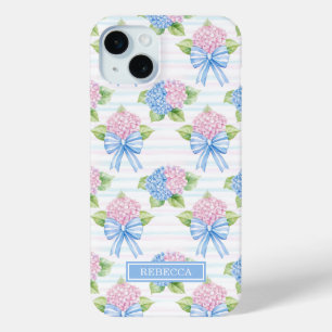 Blue and Pink Hydrangeas Monogrammed iPhone 15 Mini Case