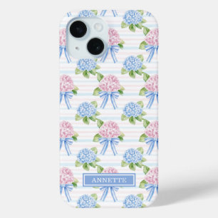 Blue and Pink Hydrangeas Striped iPhone 15 Case
