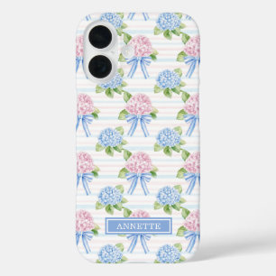 Blue and Pink Hydrangeas Striped iPhone 16 Case
