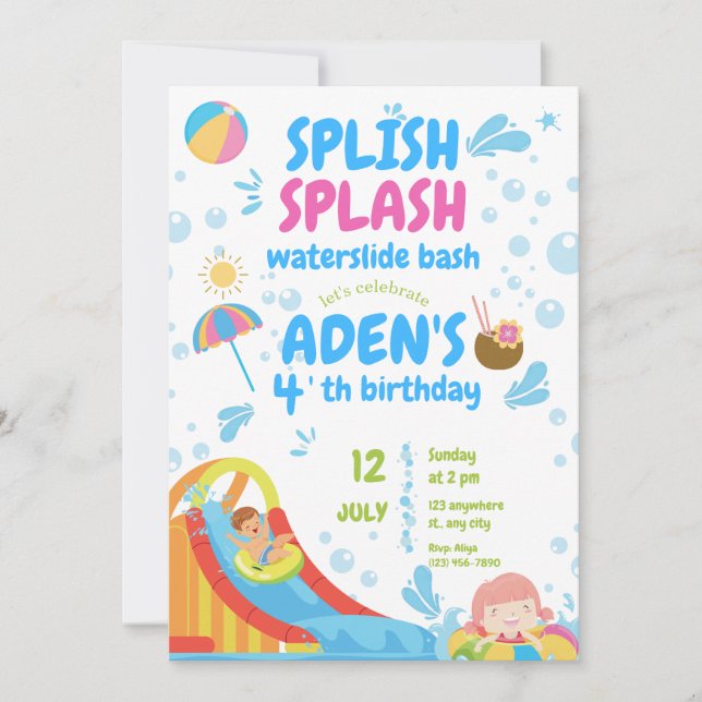 Blue and Pink Inflatable Pool Party Birthday Invitation (Front)