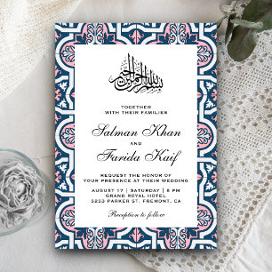 Blue and Pink Islamic Arabesque Muslim Wedding Invitation