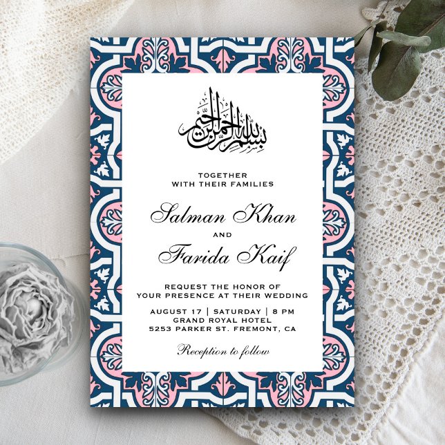 Blue and Pink Islamic Arabesque Muslim Wedding Invitation (Creator Uploaded)