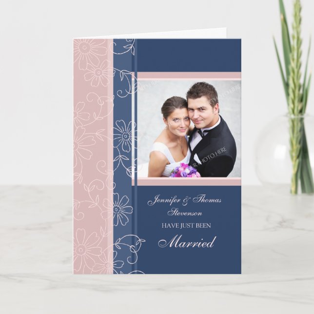 Blue and Pink Just Married Photo Announcement Card (Front)