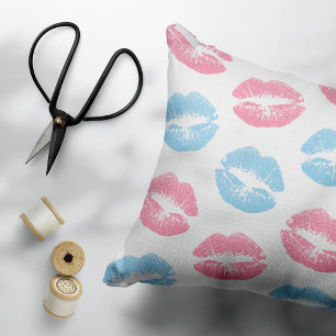 Blue and Pink Lips Pattern, Lipstick, Kiss Accent Pillow