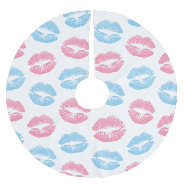 Blue and Pink Lips Pattern, Lipstick, Kiss Brushed Polyester Tree Skirt (Front)