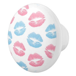 Blue and Pink Lips Pattern, Lipstick, Kiss Ceramic Knob
