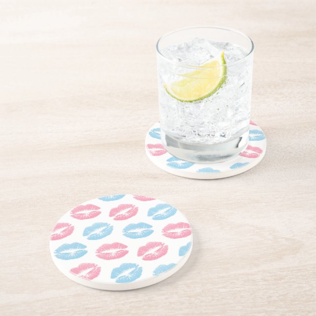Blue and Pink Lips Pattern, Lipstick, Kiss Coaster (Side)