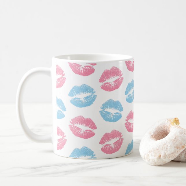 Blue and Pink Lips Pattern, Lipstick, Kiss Coffee Mug (With Donut)