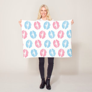 Blue and Pink Lips Pattern, Lipstick, Kiss Fleece Blanket