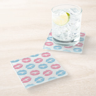Blue and Pink Lips Pattern, Lipstick, Kiss Glass Coaster