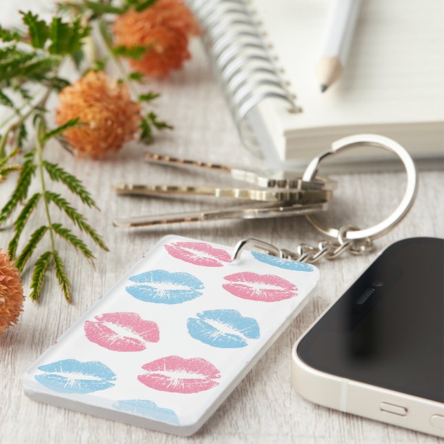 Blue and Pink Lips Pattern, Lipstick, Kiss Keychain (Front Right)