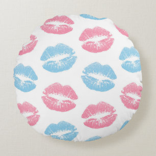 Blue and Pink Lips Pattern, Lipstick, Kiss Round Pillow