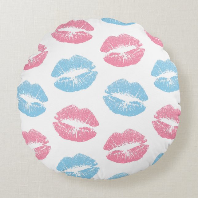 Blue and Pink Lips Pattern, Lipstick, Kiss Round Pillow (Front)
