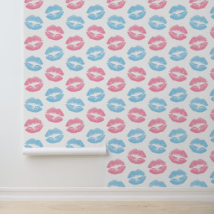 Blue and Pink Lips Pattern, Lipstick, Kiss Wallpaper
