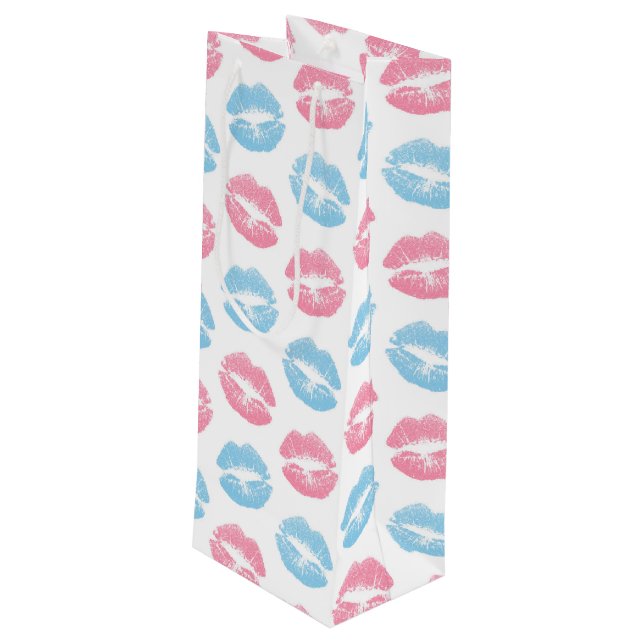 Blue and Pink Lips Pattern, Lipstick, Kiss Wine Gift Bag (Back Angled)