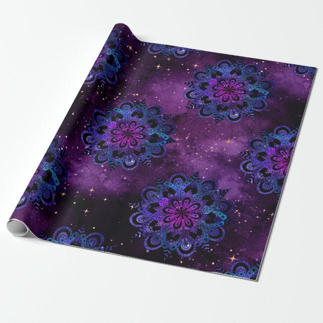Blue and Pink Mandalas on Purple Galaxy Wrapping Paper (Unrolled)