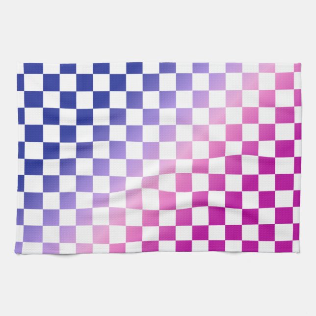 Blue and Pink Ombre Chequered Pattern Kitchen Towel (Horizontal)