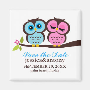 Blue and Pink Owls Wedding Magnet