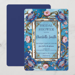 Blue and Pink Peony antique bridal shower Invitation
