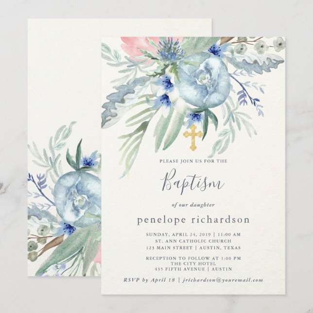 Blue and Pink Peony Baptism Invitation (Front/Back)
