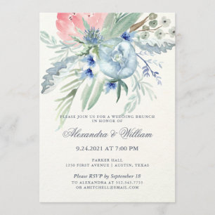 Blue and Pink Peony Watercolor Wedding Brunch Invitation