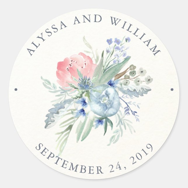 Blue and Pink Peony Watercolor Wedding Classic Round Sticker (Front)