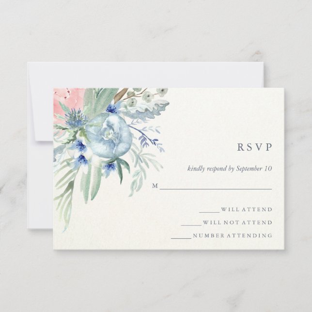 Blue and Pink Peony Watercolor Wedding RSVP Card (Front)