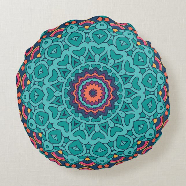 Blue and pink persian style seamless pattern round pillow (Back)