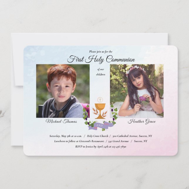 Blue and Pink Photo Religious Invitation (Front)
