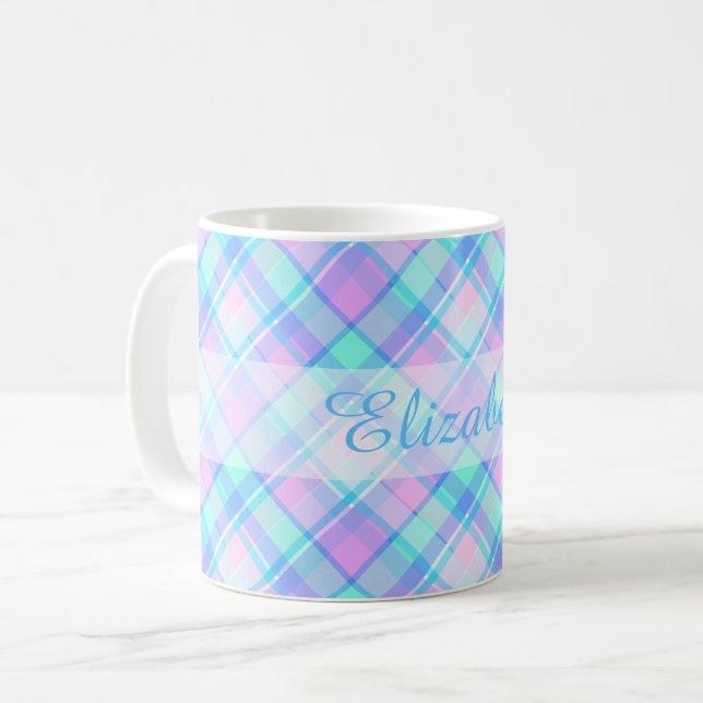 Blue and Pink Plaid Personalized Coffee Mug (Front Left)