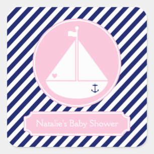 Blue and Pink Sailboat  Baby Shower Square Sticker
