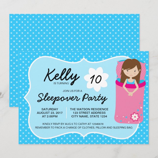 Blue and Pink Sleepover Party Birthday Invitation (Front/Back)