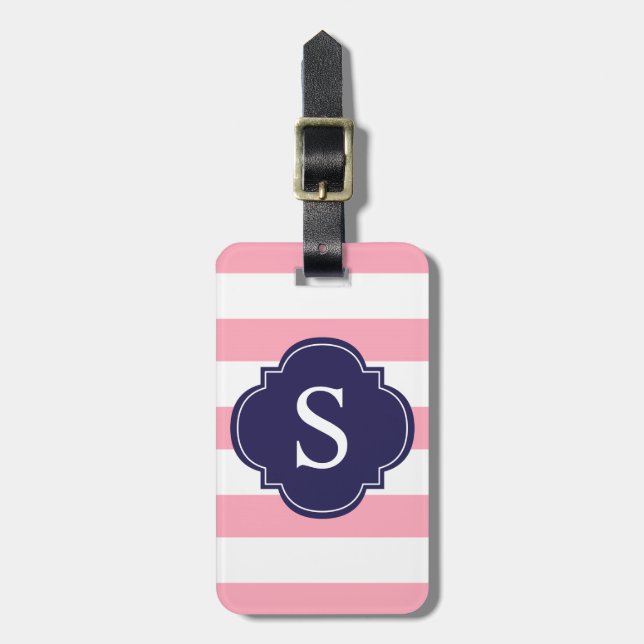 Blue and Pink Stripes Monogram Luggage Tag (Front Vertical)