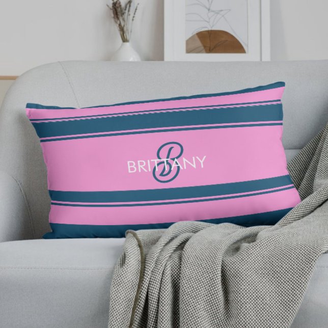 Blue and Pink  Stripes Pattern Monogram Lumbar Pillow (Creator Uploaded)