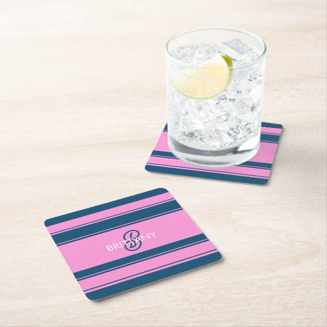 Blue and Pink  Stripes Pattern Monogram Square Paper Coaster (Insitu)