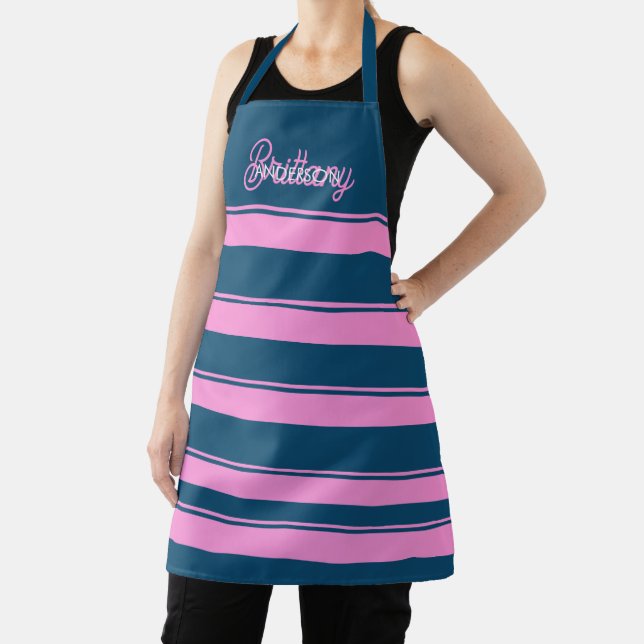 Blue and Pink  Stripes Pattern Personalized  Apron (Insitu)
