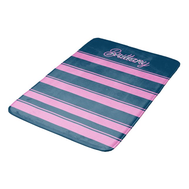 Blue and Pink  Stripes Pattern Personalized  Bath Mat (Angled)