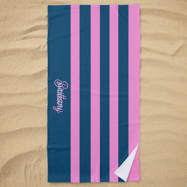 Blue and Pink  Stripes Pattern Personalized  Beach Towel (Creator Uploaded)