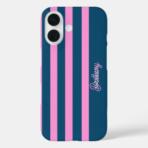 Blue and Pink  Stripes Pattern Personalized  iPhone 16 Case