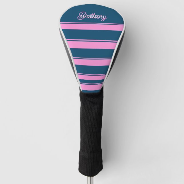 Blue and Pink  Stripes Pattern Personalized  Golf Head Cover (Front)