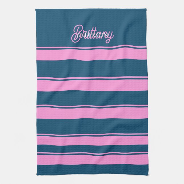 Blue and Pink  Stripes Pattern Personalized  Kitchen Towel (Vertical)