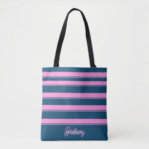 Blue and Pink Stripes Pattern Personalized Tote Bag