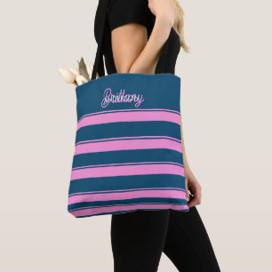 Blue and Pink Stripes Pattern Personalized Tote Bag